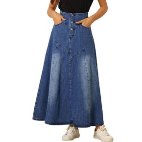 Allegra K Casual Denim Skirt for Women's High Waisted A-Line Flared Maxi Skirts