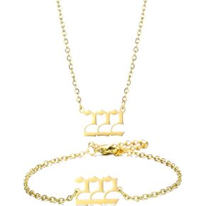 Gold Angel Number Necklace Bracelets for Women, 111 222 333 444 555 666 777 888 999 Dainty Pendants Necklace Bracelets Personalized Number Chain Necklace Bracelets set