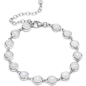 Silvershake Natural Round 6 mm Rainbow Moonstone 925 Sterling Silver Link Bracelet 6.75 to 8.75 Inch Adjustable
