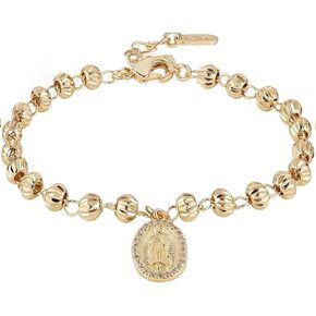 14k Gold Plated Christian Bracelet Virgin Mary Rosary Bead Cross Bracelet Virgin of Guadalupe Adjustable Link Bracelet for Women Girl Jewelry Gift