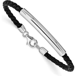 Solid 925 Sterling Silver Braided Black Leather Bracelet - with Secure Lobster Lock Clasp 7" (Width = 5mm)