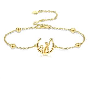 DOVRAN 14K Gold Cat Bracelet for Women Real Gold Moon Bracelet Solid Gold Moon Cat Jewelry Gifts for Her
