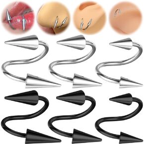 BodyAce Spike Nose Rings Spiral Lip Rings, Stainless Steel Black Spike Earrings Cartilage Helix Piercing, Punk Spike Lower Labret Studs Piercing Jewelry