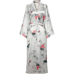 Women's Long Kimono Robe Floral Bathrobe Printed Wedding Nightgown Soft Lightweight Sleepwear