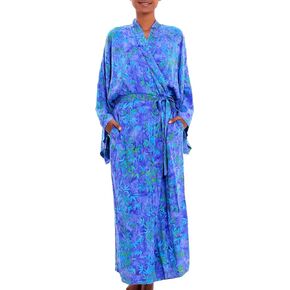 NOVICA Artisan Handmade Batik Rayon Robe Blue Green Leaf Long Sleeved with Belt Clothing Turquoise Printed Indonesia 'Mystery Grove'