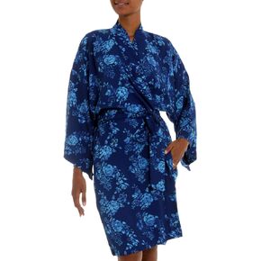 NOVICA Artisan Handmade Batik Rayon Robe Blue Flowers Balinese Short Cross over Clothing 'Gorgeous in Cyan'