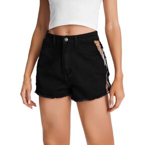 WDIRARA Women's High Rise Raw Hem Chain Lace Up Sides Zipper Button Denim Shorts