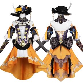 Navia Cosplay Costume Golden Dress Halloween Party Outfit Ball Gown Role Play Dresses with Hat Nacklace