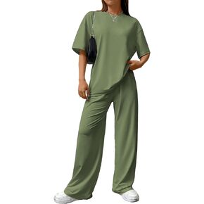 MakeMeChic Women's Two Piece Summer Outfits Short Sleeve Crew Neck T Shirt Wide Straight Leg Pants Tracksuit