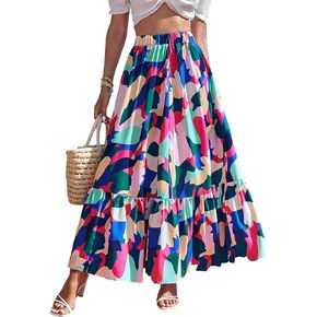 OYOANGLE Women's Boho Geo Print Elastic High Waist Flowy Pleated Maxi Skirt Vacation Skirts