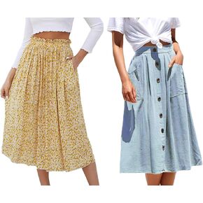 Naggoo Front Button Skirt for Summer Chiffon Floral Yellow Women Skirts with Pockets Medium in Kuwait