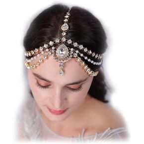 Boho Teardrop Crystal Head Chain Layered Faux Pearl Forehead Chain Wedding Headpiece for Women