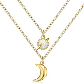 18K Gold Plated Moon and Saturn Pendant Necklace Set/Natural Opal Necklace for Women