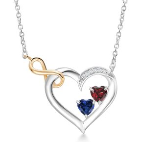 Gem Stone King Customized and Personalized 2 Heart Shape Gemstone Birthstone and Lab Grown Diamond 925 Sterling Silver and 10K Yellow Gold Infinity Heart Pendant Necklace For Women