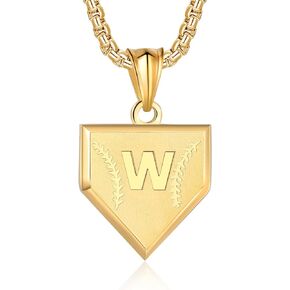 Initial A-Z Necklace for Boys Stainless Steel Letter Shield Pendant Box Chain 22+2 inch Inspirational Baseball Home Plate Necklace Baseball Jewelry Gift for Men