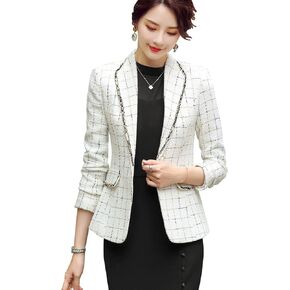 ebossy Women's Bordered Notched Lapel Plaid Blazer Suit Button Down Slim Elegant Houndstooth Checker Jacket Coat Crop Tops