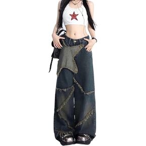 Y2K Baggy Jeans Star Patch Wide Leg Denim Pants Alt Emo 90s Grunge Aesthetic Streetwear Vintage Harajuku Y2K Clothing