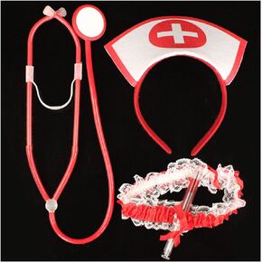 4 Pcs Halloween Nurse Hat Headband Fake Stethoscope Pen Sexy Nurse Headpiece Hair Hoops Bands Hairband Lace Red Cute Cosplay Costume Dress Up Birthday Masquerade Role Play Party Accessories Supplies