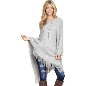 MYS Collection Classic Soft Knit Poncho Shawl Wrap - Basic Warm Pullover Fringe Tassel Sweater Chunky Crochet, Plain V-Neck