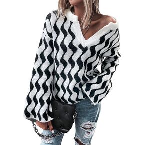 SweatyRocks Women's Oversized Striped Long Sleeve Sweater Drop Shoulder Notched V Neck Pullover Sweater