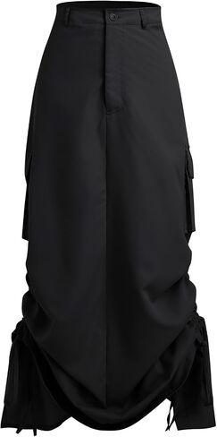 Women Trendy Y2K Cargo Maxi Skirts Vintage Solid High Rise Drawstring Ruched Long Skirt with Pockets Streetwear in Saudi Arabia