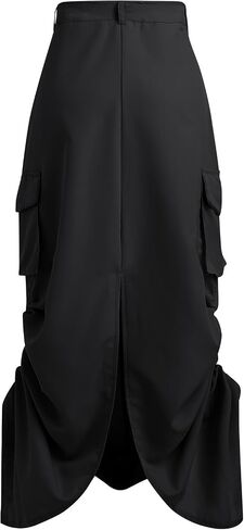 Women Trendy Y2K Cargo Maxi Skirts Vintage Solid High Rise Drawstring Ruched Long Skirt with Pockets Streetwear in Saudi Arabia