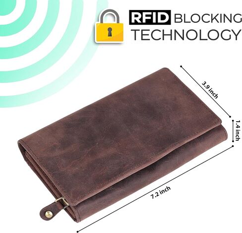 محفظة جلدية ثنائية الطي مصنوعة يدويًا من Ozora RFID مع حاملات بطاقات متعددة، محفظة سفر للنساء (صياد بني) in Saudi Arabia