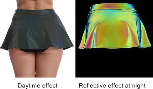 LZLRUN Women's Shiny Rainbow Reflective Skirt Fashion Flared Rave Mini Skirt in Saudi Arabia