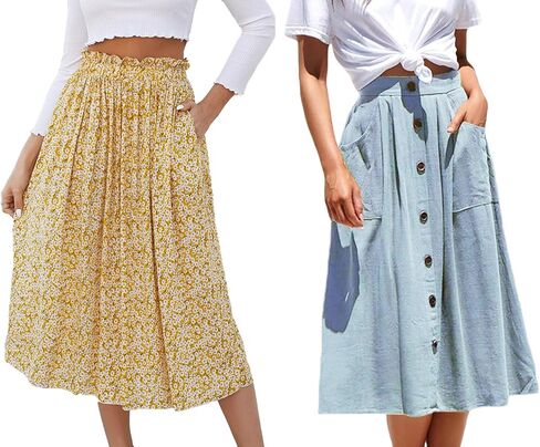 Naggoo Front Button Skirt for Summer Chiffon Floral Yellow Women Skirts with Pockets Medium in Kuwait