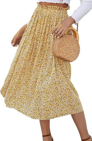 Naggoo Front Button Skirt for Summer Chiffon Floral Yellow Women Skirts with Pockets Medium in Kuwait
