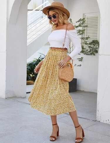 Naggoo Front Button Skirt for Summer Chiffon Floral Yellow Women Skirts with Pockets Medium in Kuwait