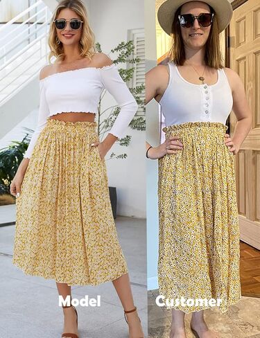 Naggoo Front Button Skirt for Summer Chiffon Floral Yellow Women Skirts with Pockets Medium in Kuwait