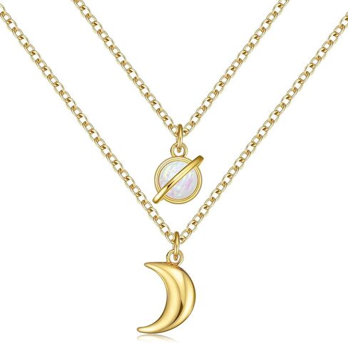 18K Gold Plated Moon and Saturn Pendant Necklace Set/Natural Opal Necklace for Women in Saudi Arabia