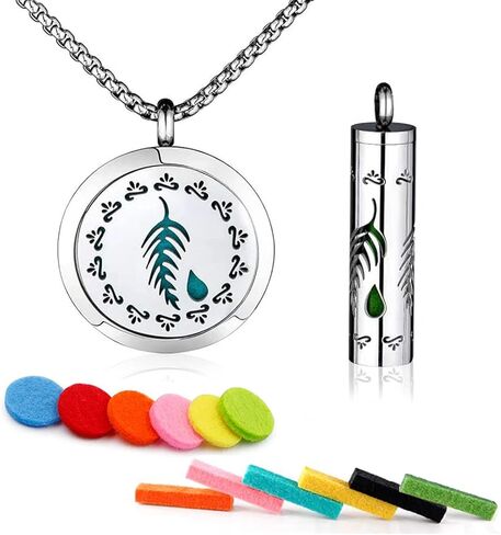 LUV-SPOT Top Essential Oils Diffuser Necklace Set with 2 Pendants, 316L Stainless Steel Couple Necklaces with Green Leaf Hollow Pattern in Kuwait