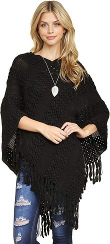 مجموعة MYS Collection كلاسيكية ناعمة متماسكة شال بونشو - سترة صوفية دافئة أساسية بشراشيب، سترة كروشيه مكتنزة، رقبة على شكل حرف V سادة in Kuwait