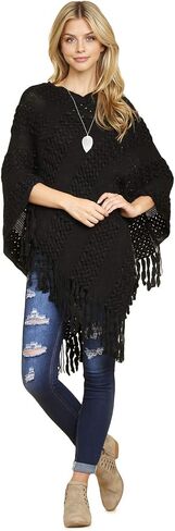 مجموعة MYS Collection كلاسيكية ناعمة متماسكة شال بونشو - سترة صوفية دافئة أساسية بشراشيب، سترة كروشيه مكتنزة، رقبة على شكل حرف V سادة in Kuwait