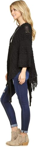 مجموعة MYS Collection كلاسيكية ناعمة متماسكة شال بونشو - سترة صوفية دافئة أساسية بشراشيب، سترة كروشيه مكتنزة، رقبة على شكل حرف V سادة in Kuwait