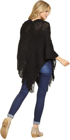 مجموعة MYS Collection كلاسيكية ناعمة متماسكة شال بونشو - سترة صوفية دافئة أساسية بشراشيب، سترة كروشيه مكتنزة، رقبة على شكل حرف V سادة in Kuwait