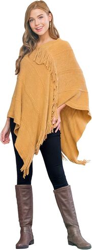 مجموعة MYS Collection كلاسيكية ناعمة متماسكة شال بونشو - سترة صوفية دافئة أساسية بشراشيب، سترة كروشيه مكتنزة، رقبة على شكل حرف V سادة in Kuwait