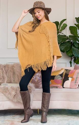 مجموعة MYS Collection كلاسيكية ناعمة متماسكة شال بونشو - سترة صوفية دافئة أساسية بشراشيب، سترة كروشيه مكتنزة، رقبة على شكل حرف V سادة in Kuwait