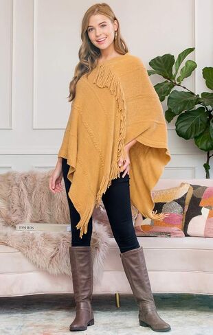 مجموعة MYS Collection كلاسيكية ناعمة متماسكة شال بونشو - سترة صوفية دافئة أساسية بشراشيب، سترة كروشيه مكتنزة، رقبة على شكل حرف V سادة in Kuwait