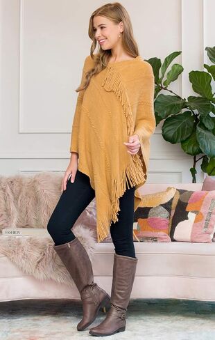 مجموعة MYS Collection كلاسيكية ناعمة متماسكة شال بونشو - سترة صوفية دافئة أساسية بشراشيب، سترة كروشيه مكتنزة، رقبة على شكل حرف V سادة in Kuwait