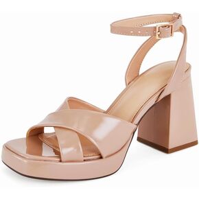 Platform Sandals Women Comfortable Block Chunky Heels 3.5" Nude High Heels Square Toe Ankle Strap Dressy Sandals Shoes for Party Prom Evening Graduation