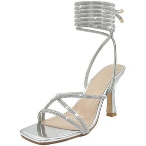 Women’s Ankle Strappy Rhinestones Stiletto High Heeled SquareToe Sandals