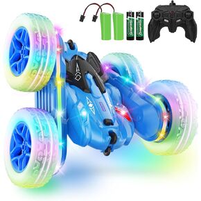 Remote Control Car for Kids Stunt RC Cars with Strip Lights and Headlights Double-Sided 360° Rotating 4WD Hobby Racing Car Toys for Boys Birthday Gift(Blue)