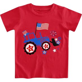Kids 4th of July Shirt 1-8 Years Funny Construction America Flag Patriotic T-Shirts Outfit for Toddler Boys Independence Day