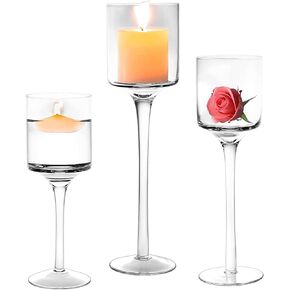Glass Candle Holder for Pillar Candles, Tea Light Candle Holders Set of 3, Tall Clear Candle Holder for Table Centerpiece, Floating Candles Holder for Dining Party Home Wedding Decor