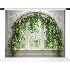 Kate 7x5ft/2.2x1.5m Spring Green Plant Vintage Arched Window Computer Printed Fabric Background Photo Studio Props