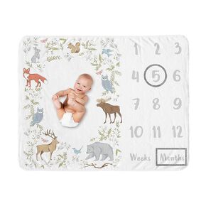 Sweet Jojo Designs Woodland Animal Toile Boy Girl Milestone Blanket Monthly Newborn First Year Growth Mat Baby Shower Memory Keepsake Gift Picture -Grey Green Brown Forest Bear Deer Fox Owl Bunny Bird