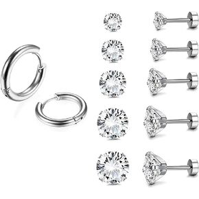 316L Surgical Stainless Steel Huggie Hoop Earrings 6MM Silver Stud Earrings Set Hypoallergenic Earrings for Women Men Girls